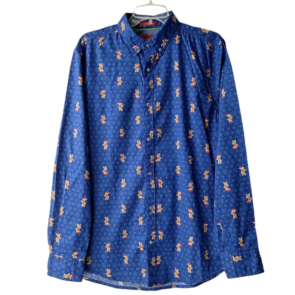 Drill Clothing Co. Large Blue Gingerbread Collared Button Down Long Sleeve Shirt - Picture 2 of 16